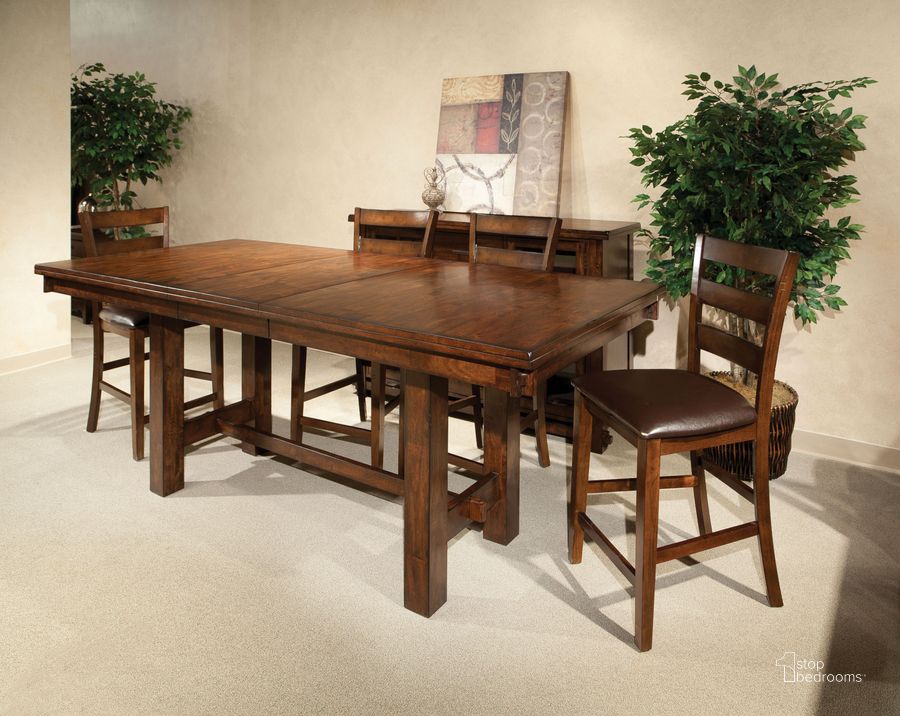 The appearance of Kona Brushed Rasin Gathering Height Extendable Dining Room Set designed by Intercon in the transitional interior design. This brown piece of furniture  was selected by 1StopBedrooms from Kona Collection to add a touch of cosiness and style into your home. Sku: KA-TA-4090G-RAI-C;KA-BS-669L-RAI-K24. Table Base Style: Trestle. Product Type: Dining Room Set. Table Top Shape: Rectangular. Image1