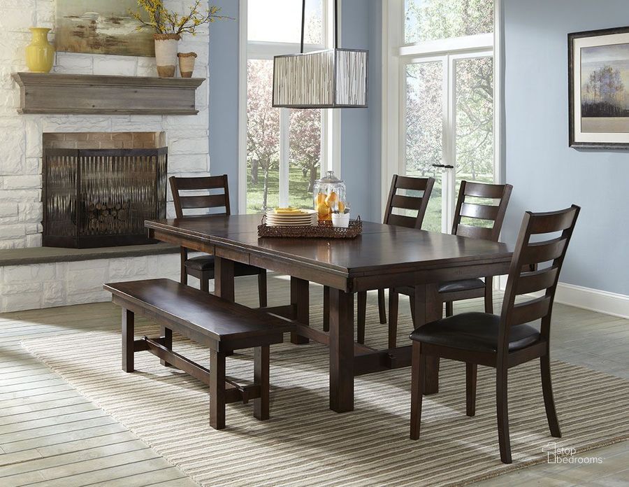 The appearance of Kona Brushed Rasin Extendable Dining Room Set designed by Intercon in the transitional interior design. This brown piece of furniture  was selected by 1StopBedrooms from Kona Collection to add a touch of cosiness and style into your home. Sku: KA-TA-4492-RAI-C;KA-CH-669L-RAI-RTA. Table Base Style: Trestle. Product Type: Dining Room Set. Table Top Shape: Rectangular. Image1