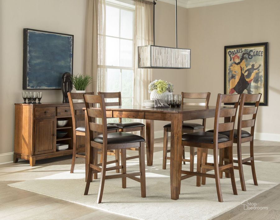 The appearance of Kona Warm Brandy Gathering Extendable Dining Room Set designed by Intercon in the transitional interior design. This brown piece of furniture  was selected by 1StopBedrooms from Kona Collection to add a touch of cosiness and style into your home. Sku: KA-TA-5454G-BDY-C;KA-BS-669L-BDY-K24. Table Base Style: Legs. Table Top Shape: Square. Product Type: Dining Room Set. Image1