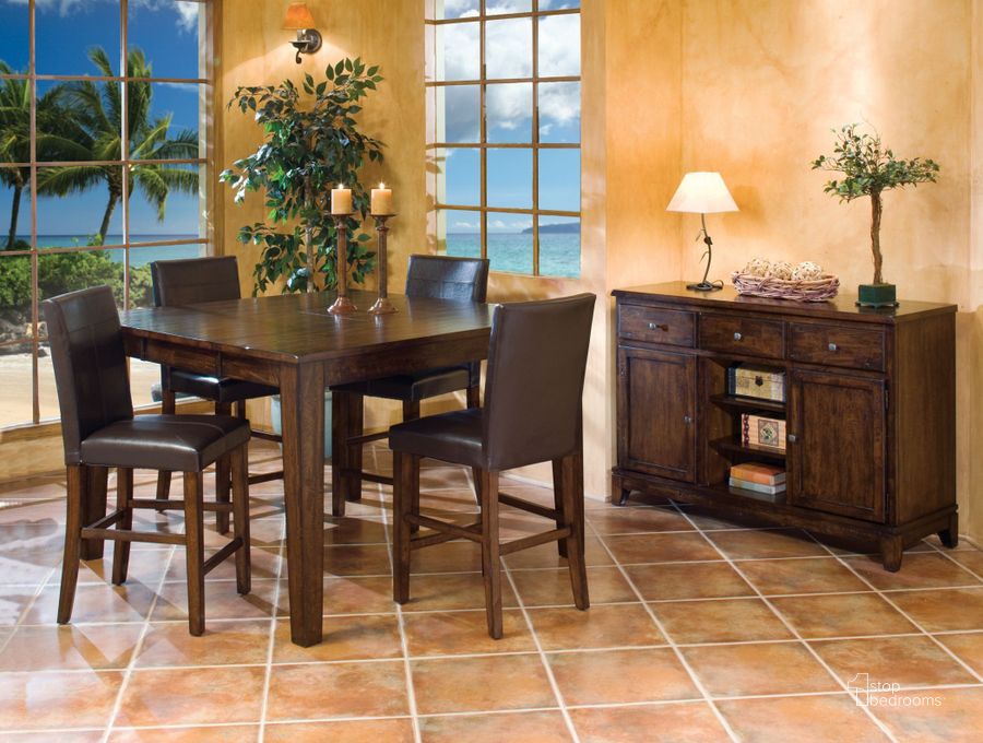 The appearance of Kona Brushed Rasin Gathering Extendable Dining Room Set designed by Intercon in the transitional interior design. This brown piece of furniture  was selected by 1StopBedrooms from Kona Collection to add a touch of cosiness and style into your home. Sku: KA-TA-5454G-RAI-C;KA-BS-669L-RAI-K24. Table Base Style: Legs. Table Top Shape: Square. Product Type: Dining Room Set. Image1
