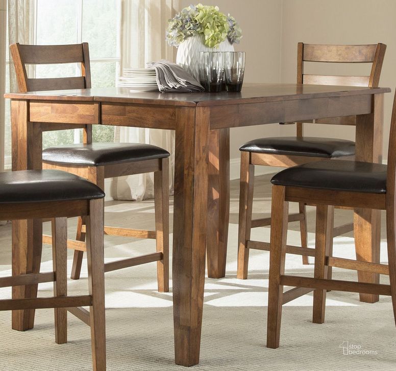 The appearance of Kona Warm Brandy Gathering Extendable Dining Table designed by Intercon in the transitional interior design. This brown piece of furniture  was selected by 1StopBedrooms from Kona Collection to add a touch of cosiness and style into your home. Sku: KA-TA-5454G-BDY-C. Table Base Style: Legs. Table Top Shape: Square. Product Type: Dining Table. Image1