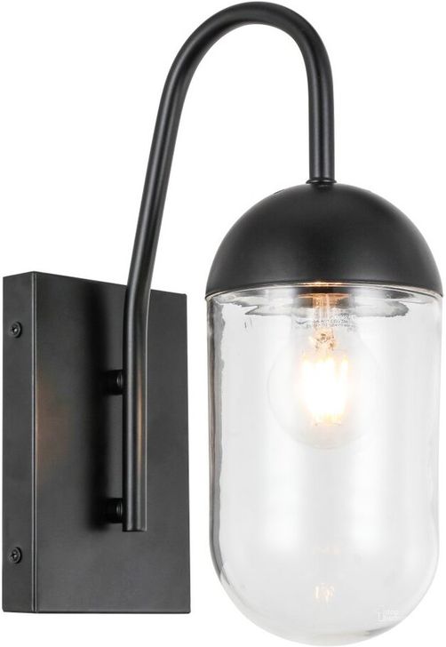 The appearance of Kace 1 Light Black And Clear Glass Wall Sconce LD6168BK designed by Elegant Lighting in the industrial interior design. This black piece of furniture  was selected by 1StopBedrooms from Kace Collection to add a touch of cosiness and style into your home. Sku: LD6168BK. Material: Metal. Product Type: Wall Sconce. Image1