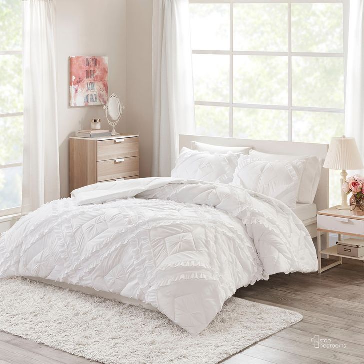 The appearance of Kacie Polyester Queen Coverlet Set With Ruffles In White designed by Olliix in the modern / contemporary interior design. This white piece of furniture  was selected by 1StopBedrooms from Kacie Collection to add a touch of cosiness and style into your home. Sku: ID13-1641. Material: Microfiber. Bed Size: Queen. Product Type: Coverlet Set. Image1