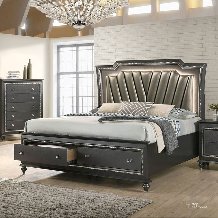 The appearance of Kaitlyn Storage Bed (Metallic Gray) (King) designed by ACME in the glam interior design. This metallic gray piece of furniture  was selected by 1StopBedrooms from Kaitlyn Collection to add a touch of cosiness and style into your home. Sku: 27277CK/EK-HB;27278CK/EK-FB;27279CK/EK-DRW;27279EK-R. Bed Type: Storage Bed. Material: Wood. Product Type: Storage Bed. Bed Size: King. Image1