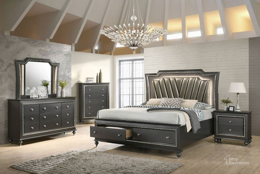 The appearance of Kaitlyn Storage Bedroom Set (Metallic Gray) designed by ACME in the glam interior design. This metallic gray piece of furniture  was selected by 1StopBedrooms from Kaitlyn Collection to add a touch of cosiness and style into your home. Sku: 27280Q-HB;27281Q-FB;27282Q-DRW;27282Q-R;27283. Bed Type: Storage Bed. Material: Wood. Product Type: Storage Bed. Bed Size: Queen. Image1