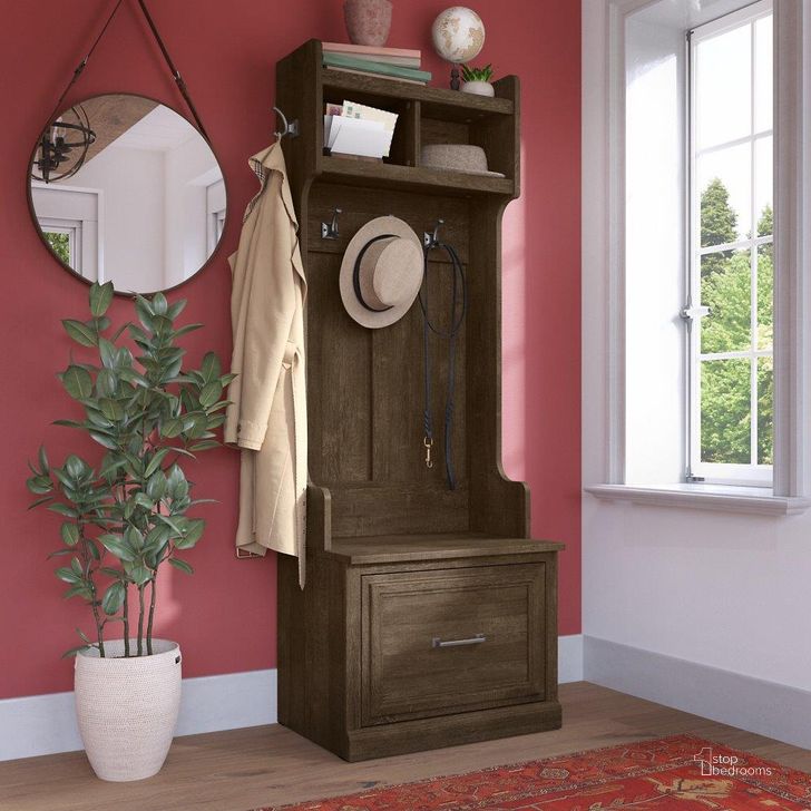 The appearance of Kathy Ireland Home by Bush Furniture Woodland 24W Hall Tree and Small Shoe Bench with Drawer in Ash Brown designed by Bush Furniture in the traditional interior design. This brown piece of furniture  was selected by 1StopBedrooms from Woodland Collection to add a touch of cosiness and style into your home. Sku: WDL007ABR. Product Type: Shoe Cabinet. Image1