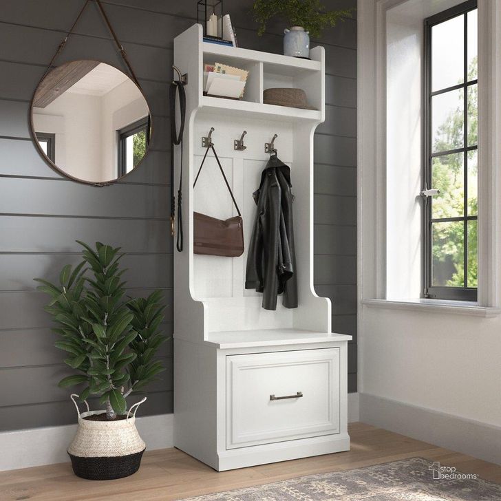 The appearance of Kathy Ireland Home by Bush Furniture Woodland 24W Hall Tree and Small Shoe Bench with Drawer in White Ash designed by Bush Furniture in the traditional interior design. This off white piece of furniture  was selected by 1StopBedrooms from Woodland Collection to add a touch of cosiness and style into your home. Sku: WDL007WAS. Product Type: Shoe Cabinet. Image1
