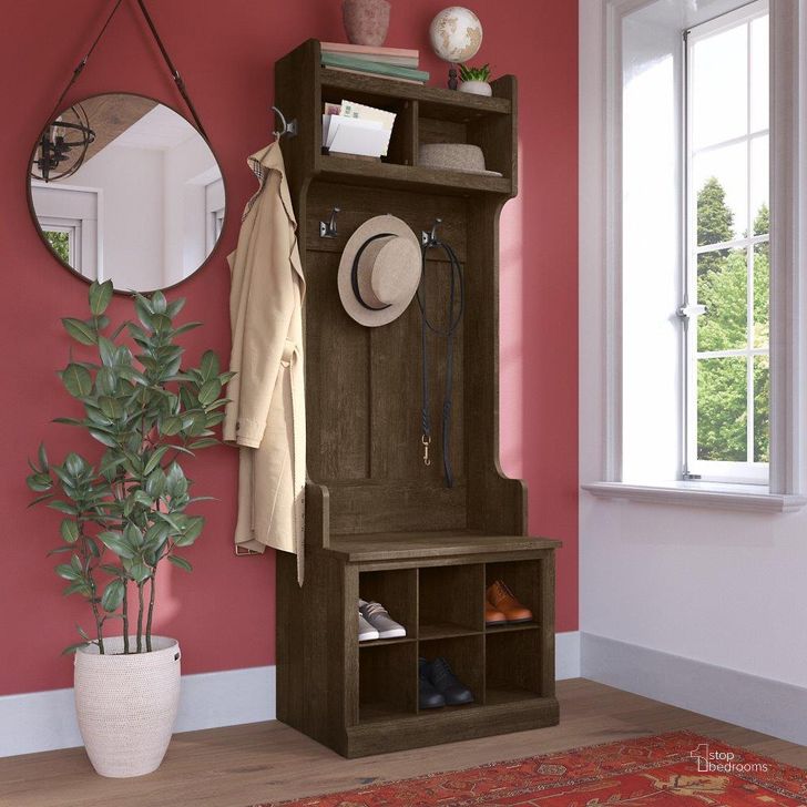 The appearance of Kathy Ireland Home by Bush Furniture Woodland 24W Hall Tree and Small Shoe Bench with Shelves in Ash Brown designed by Bush Furniture in the traditional interior design. This brown piece of furniture  was selected by 1StopBedrooms from Woodland Collection to add a touch of cosiness and style into your home. Sku: WDL008ABR. Product Type: Shoe Cabinet. Image1