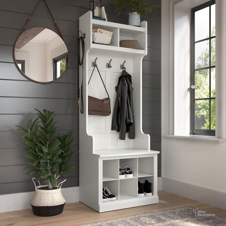 The appearance of Kathy Ireland Home by Bush Furniture Woodland 24W Hall Tree and Small Shoe Bench with Shelves in White Ash designed by Bush Furniture in the traditional interior design. This off white piece of furniture  was selected by 1StopBedrooms from Woodland Collection to add a touch of cosiness and style into your home. Sku: WDL008WAS. Product Type: Shoe Cabinet. Image1