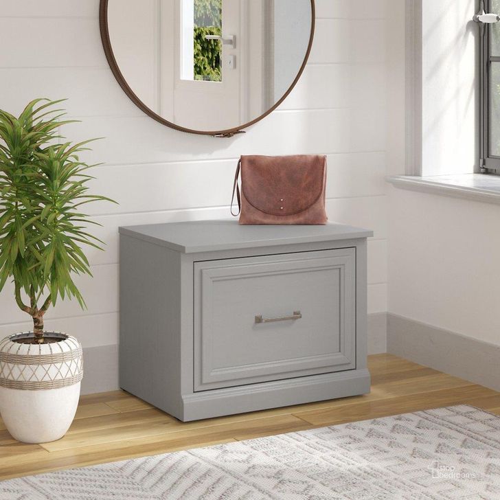 The appearance of Kathy Ireland Home by Bush Furniture Woodland 24W Small Shoe Bench with Drawer in Cape Cod Gray designed by Bush Furniture in the traditional interior design. This gray piece of furniture  was selected by 1StopBedrooms from Woodland Collection to add a touch of cosiness and style into your home. Sku: WDS124CG-03. Product Type: Shoe Cabinet. Image1