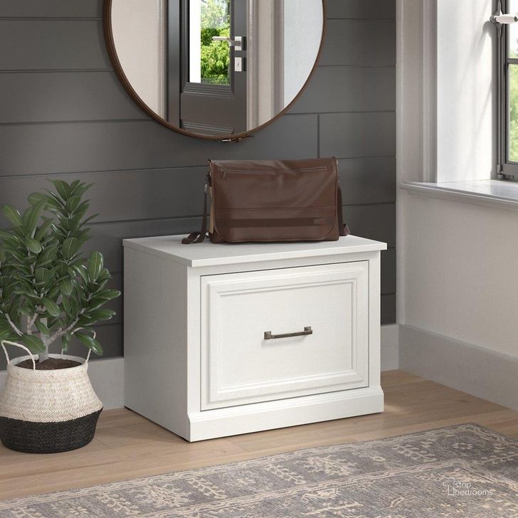 The appearance of Kathy Ireland Home by Bush Furniture Woodland 24W Small Shoe Bench with Drawer in White Ash designed by Bush Furniture in the traditional interior design. This off white piece of furniture  was selected by 1StopBedrooms from Woodland Collection to add a touch of cosiness and style into your home. Sku: WDS124WAS-03. Product Type: Shoe Cabinet. Image1