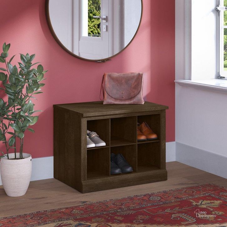 The appearance of Kathy Ireland Home by Bush Furniture Woodland 24W Small Shoe Bench with Shelves in Ash Brown designed by Bush Furniture in the traditional interior design. This brown piece of furniture  was selected by 1StopBedrooms from Woodland Collection to add a touch of cosiness and style into your home. Sku: WDS224ABR-03. Product Type: Shoe Cabinet. Image1