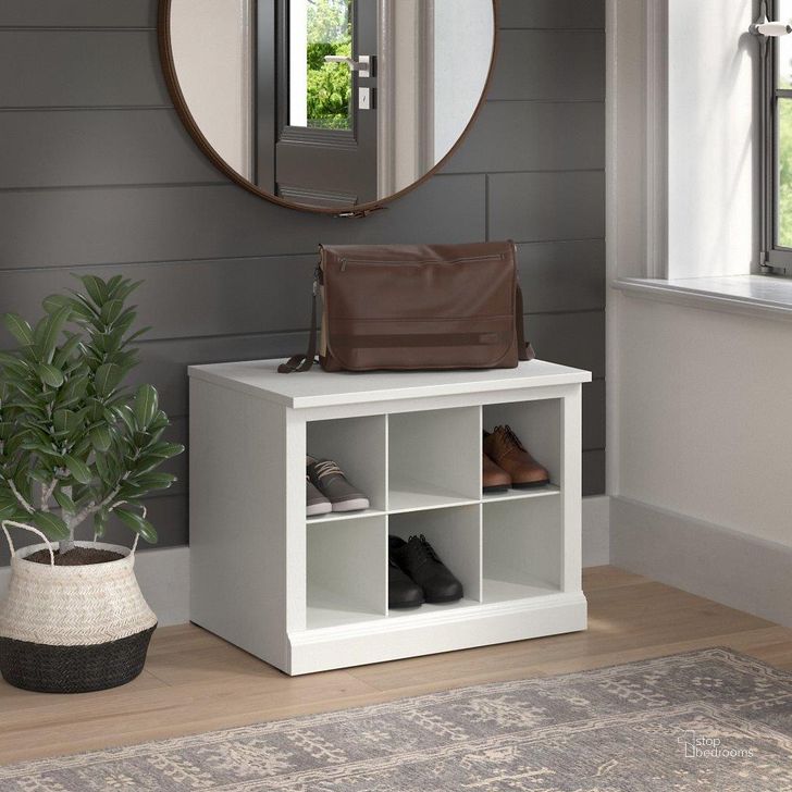 The appearance of Kathy Ireland Home by Bush Furniture Woodland 24W Small Shoe Bench with Shelves in White Ash designed by Bush Furniture in the traditional interior design. This off white piece of furniture  was selected by 1StopBedrooms from Woodland Collection to add a touch of cosiness and style into your home. Sku: WDS224WAS-03. Product Type: Shoe Cabinet. Image1