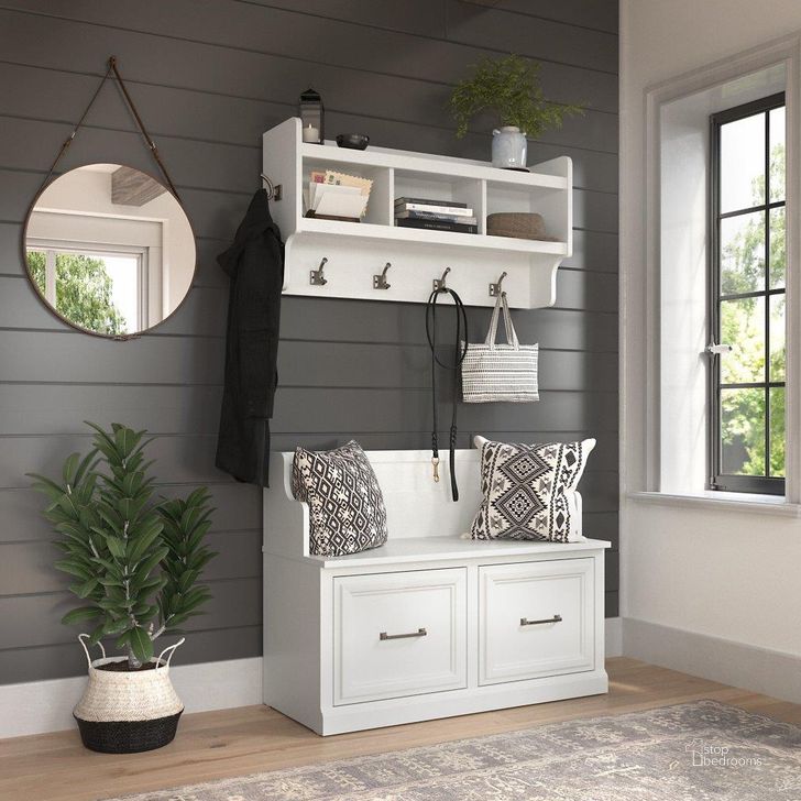 The appearance of Kathy Ireland Home by Bush Furniture Woodland 40W Entryway Bench with Doors and Wall Mounted Coat Rack in White Ash designed by Bush Furniture in the traditional interior design. This off white piece of furniture  was selected by 1StopBedrooms from Woodland Collection to add a touch of cosiness and style into your home. Sku: WDL009WAS. Product Type: Entryway Furniture. Image1