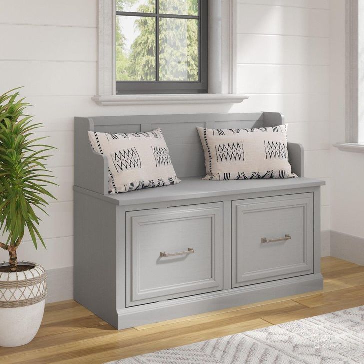 The appearance of Kathy Ireland Home by Bush Furniture Woodland 40W Entryway Bench with Doors in Cape Cod Gray designed by Bush Furniture in the traditional interior design. This gray piece of furniture  was selected by 1StopBedrooms from Woodland Collection to add a touch of cosiness and style into your home. Sku: WDL005CG. Product Type: Entryway Furniture. Image1