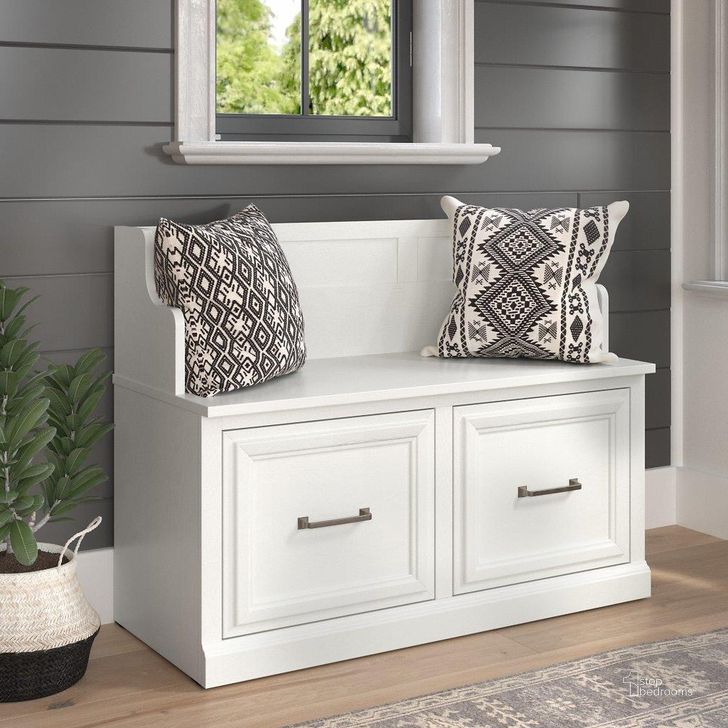 The appearance of Kathy Ireland Home by Bush Furniture Woodland 40W Entryway Bench with Doors in White Ash designed by Bush Furniture in the traditional interior design. This off white piece of furniture  was selected by 1StopBedrooms from Woodland Collection to add a touch of cosiness and style into your home. Sku: WDL005WAS. Product Type: Entryway Furniture. Image1