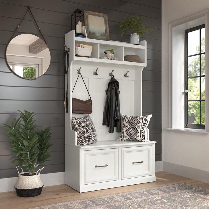 The appearance of Kathy Ireland Home by Bush Furniture Woodland 40W Hall Tree and Shoe Storage Bench with Doors in White Ash designed by Bush Furniture in the traditional interior design. This off white piece of furniture  was selected by 1StopBedrooms from Woodland Collection to add a touch of cosiness and style into your home. Sku: WDL001WAS. Product Type: Shoe Cabinet. Image1