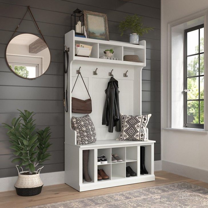 The appearance of Kathy Ireland Home by Bush Furniture Woodland 40W Hall Tree and Shoe Storage Bench with Shelves in White Ash designed by Bush Furniture in the traditional interior design. This off white piece of furniture  was selected by 1StopBedrooms from Woodland Collection to add a touch of cosiness and style into your home. Sku: WDL002WAS. Product Type: Shoe Cabinet. Image1