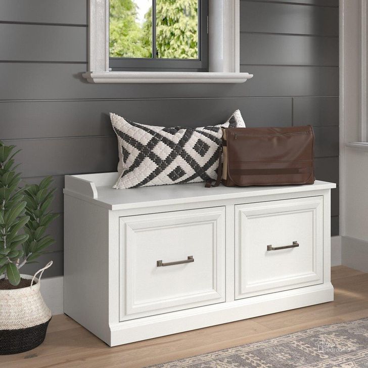 The appearance of Kathy Ireland Home by Bush Furniture Woodland 40W Shoe Storage Bench with Doors in White Ash designed by Bush Furniture in the traditional interior design. This off white piece of furniture  was selected by 1StopBedrooms from Woodland Collection to add a touch of cosiness and style into your home. Sku: WDS140WAS-03. Product Type: Shoe Cabinet. Image1