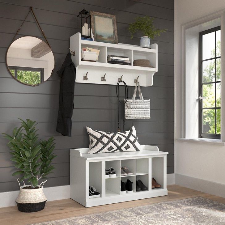 The appearance of Kathy Ireland Home by Bush Furniture Woodland 40W Shoe Storage Bench with Shelves and Wall Mounted Coat Rack in White Ash designed by Bush Furniture in the traditional interior design. This off white piece of furniture  was selected by 1StopBedrooms from Woodland Collection to add a touch of cosiness and style into your home. Sku: WDL004WAS. Product Type: Shoe Cabinet. Image1