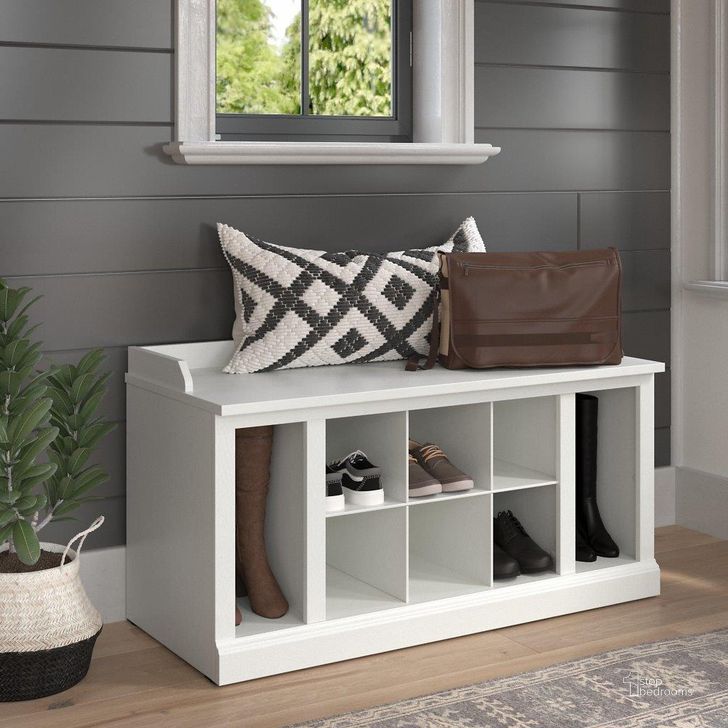 The appearance of Kathy Ireland Home by Bush Furniture Woodland 40W Shoe Storage Bench with Shelves in White Ash designed by Bush Furniture in the traditional interior design. This off white piece of furniture  was selected by 1StopBedrooms from Woodland Collection to add a touch of cosiness and style into your home. Sku: WDS240WAS-03. Product Type: Shoe Cabinet. Image1