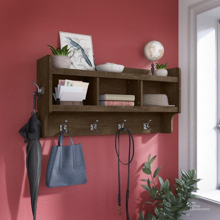The appearance of Kathy Ireland Home by Bush Furniture Woodland 40W Wall Mounted Coat Rack with Shelf in Ash Brown designed by Bush Furniture in the traditional interior design. This brown piece of furniture  was selected by 1StopBedrooms from Woodland Collection to add a touch of cosiness and style into your home. Sku: WDH340ABR-03. Product Type: Coat Rack. Image1