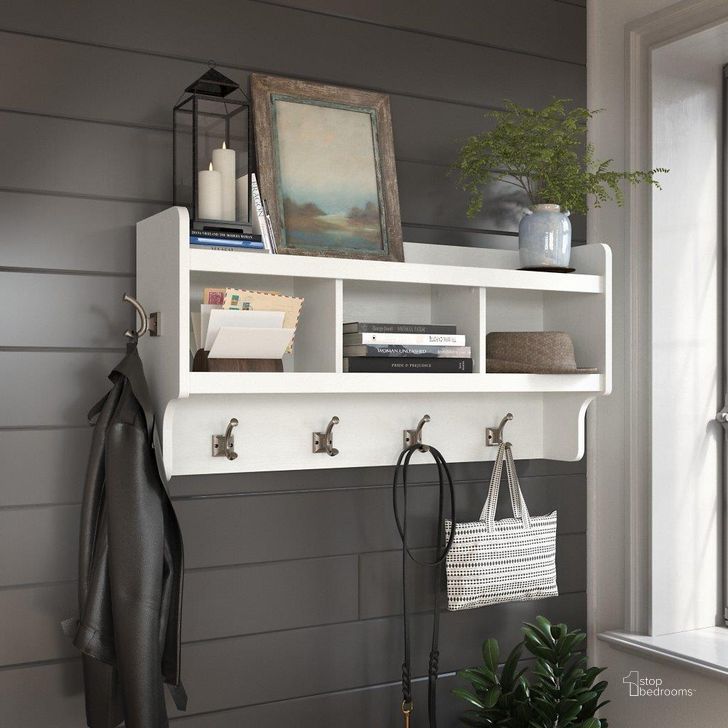 The appearance of Kathy Ireland Home by Bush Furniture Woodland 40W Wall Mounted Coat Rack with Shelf in White Ash designed by Bush Furniture in the traditional interior design. This off white piece of furniture  was selected by 1StopBedrooms from Woodland Collection to add a touch of cosiness and style into your home. Sku: WDH340WAS-03. Product Type: Coat Rack. Image1