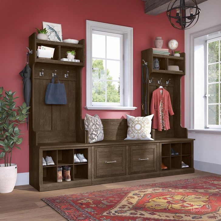 The appearance of Kathy Ireland Home by Bush Furniture Woodland Entryway Storage Set with Hall Trees and Shoe Bench with Doors in Ash Brown designed by Bush Furniture in the traditional interior design. This brown piece of furniture  was selected by 1StopBedrooms from Woodland Collection to add a touch of cosiness and style into your home. Sku: WDL011ABR. Product Type: Entryway Furniture. Image1