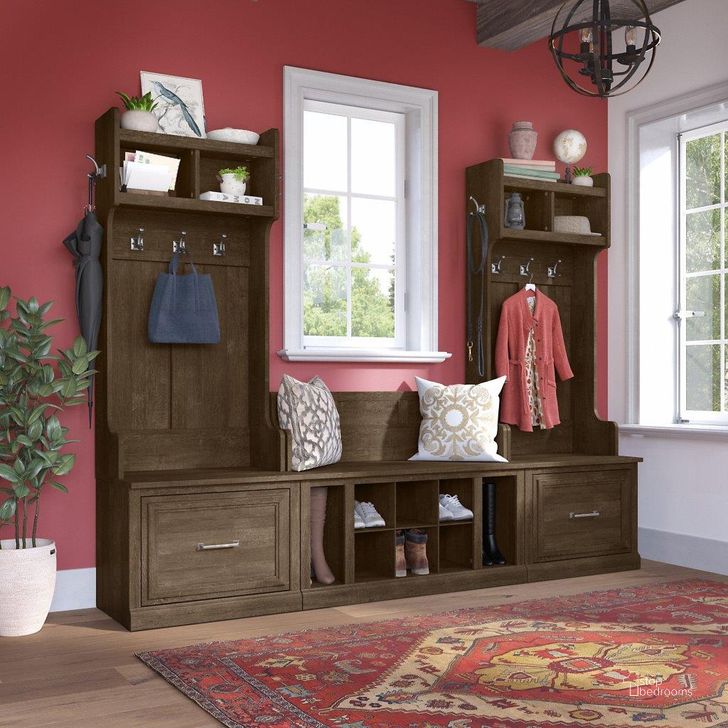 The appearance of Kathy Ireland Home by Bush Furniture Woodland Entryway Storage Set with Hall Trees and Shoe Bench with Drawers in Ash Brown designed by Bush Furniture in the traditional interior design. This brown piece of furniture  was selected by 1StopBedrooms from Woodland Collection to add a touch of cosiness and style into your home. Sku: WDL012ABR. Product Type: Entryway Furniture. Image1