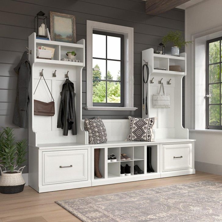 The appearance of Kathy Ireland Home by Bush Furniture Woodland Entryway Storage Set with Hall Trees and Shoe Bench with Drawers in White Ash designed by Bush Furniture in the traditional interior design. This off white piece of furniture  was selected by 1StopBedrooms from Woodland Collection to add a touch of cosiness and style into your home. Sku: WDL012WAS. Product Type: Entryway Furniture. Image1