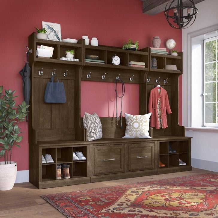 The appearance of Kathy Ireland Home by Bush Furniture Woodland Full Entryway Storage Set with Coat Rack and Shoe Bench with Doors in Ash Brown designed by Bush Furniture in the traditional interior design. This brown piece of furniture  was selected by 1StopBedrooms from Woodland Collection to add a touch of cosiness and style into your home. Sku: WDL013ABR. Product Type: Entryway Furniture. Image1