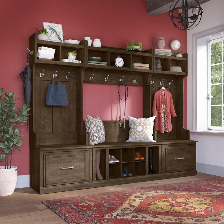 The appearance of Kathy Ireland Home by Bush Furniture Woodland Full Entryway Storage Set with Coat Rack and Shoe Bench with Drawers in Ash Brown designed by Bush Furniture in the traditional interior design. This brown piece of furniture  was selected by 1StopBedrooms from Woodland Collection to add a touch of cosiness and style into your home. Sku: WDL014ABR. Product Type: Entryway Furniture. Image1