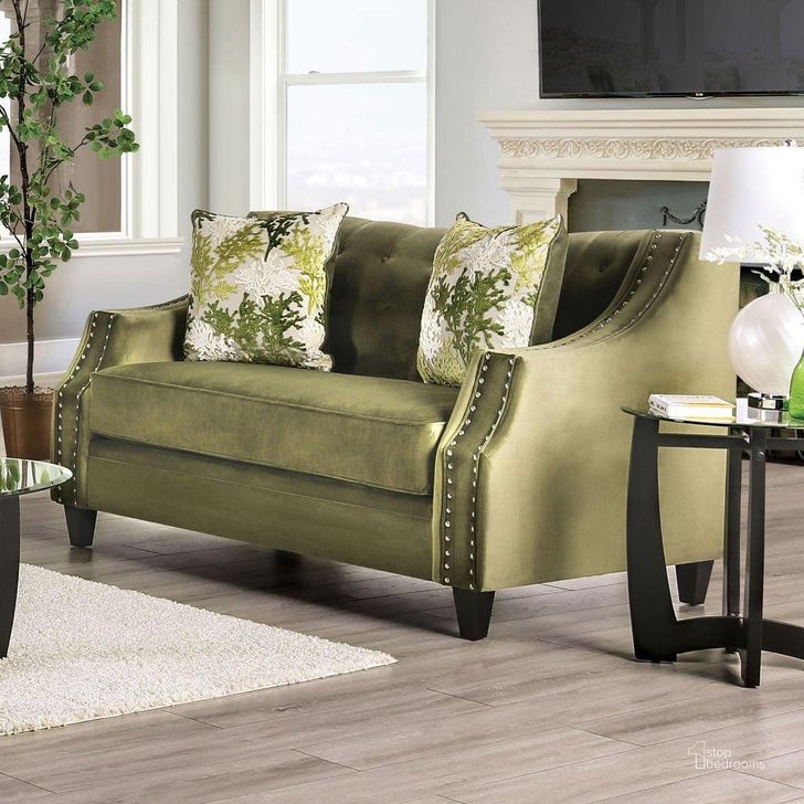 The appearance of Kaye Loveseat In Green designed by Furniture of America in the transitional interior design. This green piece of furniture  was selected by 1StopBedrooms from Kaye Collection to add a touch of cosiness and style into your home. Sku: SM2684-LV. Material: Wood. Product Type: Loveseat.