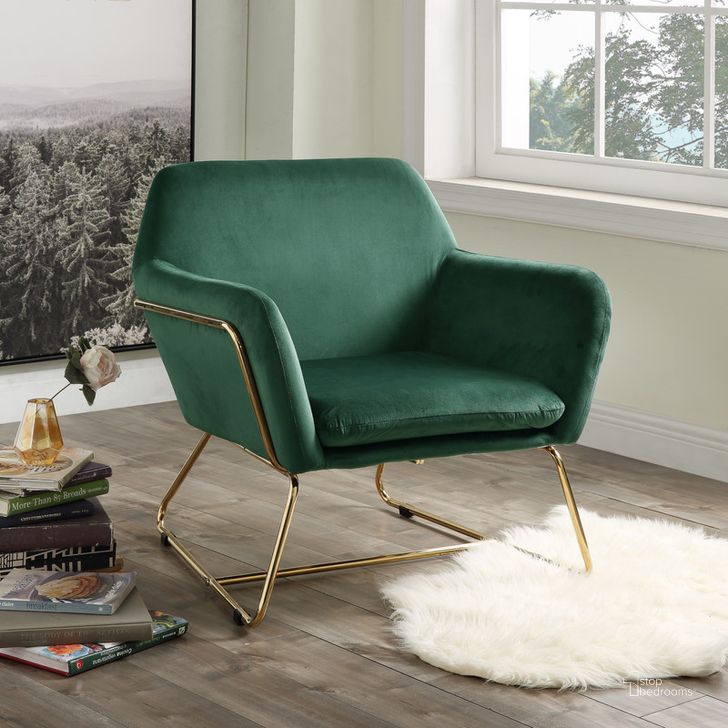 The appearance of Keira Green Velvet Accent Chair With Metal Base designed by Lilola Home in the modern / contemporary interior design. This green piece of furniture  was selected by 1StopBedrooms from Keira Collection to add a touch of cosiness and style into your home. Sku: 88877. Material: Metal. Product Type: Accent Chair. Image1