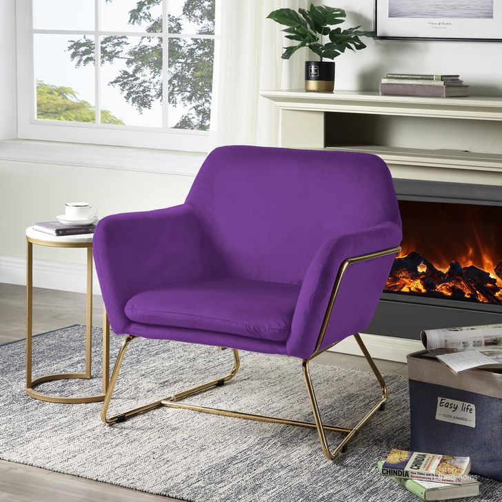 The appearance of Keira Purple Velvet Accent Chair With Metal Base designed by Lilola Home in the modern / contemporary interior design. This purple piece of furniture  was selected by 1StopBedrooms from Keira Collection to add a touch of cosiness and style into your home. Sku: 88876PE. Product Type: Accent Chair. Material: Velvet. Image1