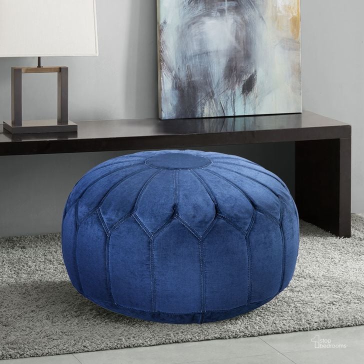 The appearance of Kelsey Round Pouf Ottoman In Blue designed by Olliix in the modern / contemporary interior design. This blue piece of furniture  was selected by 1StopBedrooms from Kelsey Collection to add a touch of cosiness and style into your home. Sku: FPF18-0090. Material: Polyester. Product Type: Ottoman. Image1