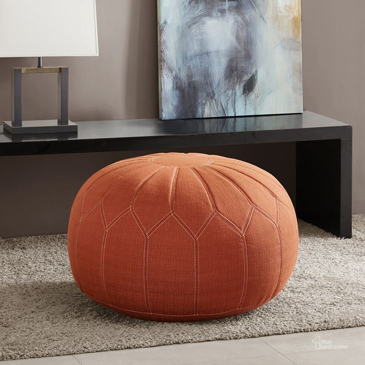 The appearance of Kelsey Round Pouf Ottoman In Orange designed by Olliix in the transitional interior design. This orange piece of furniture  was selected by 1StopBedrooms from Kelsey Collection to add a touch of cosiness and style into your home. Sku: MP101-0214. Material: Polyester. Product Type: Ottoman. Image1