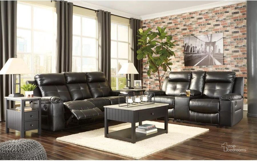 The appearance of Kempten Reclining Living Room Set In Black designed by Signature Design by Ashley in the modern / contemporary interior design. This black piece of furniture  was selected by 1StopBedrooms from Kempten Collection to add a touch of cosiness and style into your home. Sku: 8210588;8210594. Material: Fabric. Product Type: Living Room Set. Image1