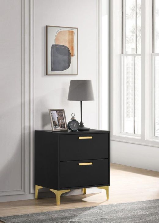 The appearance of Kendall 2-Drawer Nightstand Black and Gold designed by Coaster in the modern / contemporary interior design. This black and gold piece of furniture  was selected by 1StopBedrooms from Kendall Collection to add a touch of cosiness and style into your home. Sku: 224452. Product Type: Nightstand. Material: Laminate. Image1