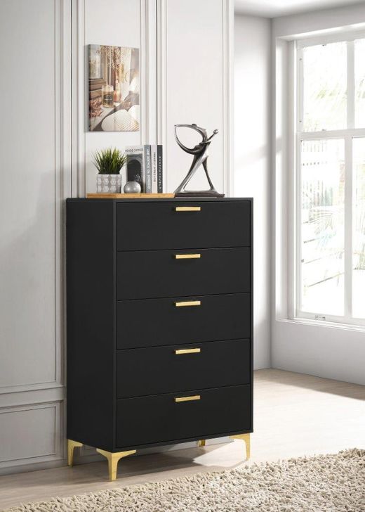 The appearance of Kendall 5-Drawer Chest Black and Gold designed by Coaster in the modern / contemporary interior design. This black and gold piece of furniture  was selected by 1StopBedrooms from Kendall Collection to add a touch of cosiness and style into your home. Sku: 224455. Product Type: Chest. Material: MDF. Image1