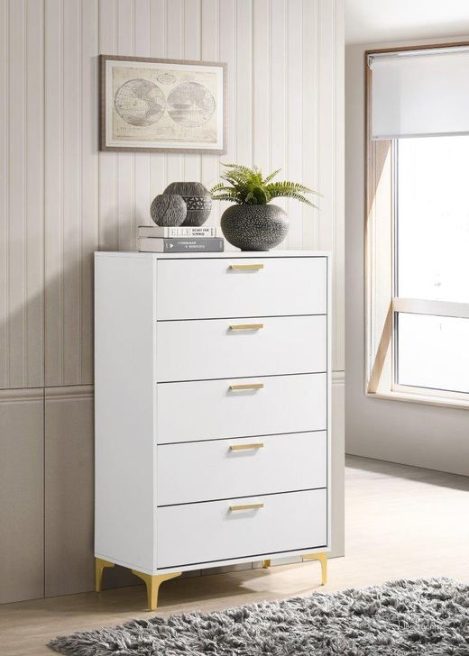 The appearance of Kendall 5-Drawer Chest White designed by Coaster in the modern / contemporary interior design. This white piece of furniture  was selected by 1StopBedrooms from Kendall Collection to add a touch of cosiness and style into your home. Sku: 224405. Material: Wood. Product Type: Chest. Image1