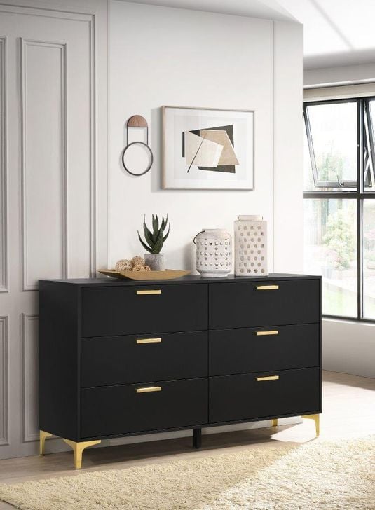 The appearance of Kendall 6-Drawer Dresser Black and Gold designed by Coaster in the modern / contemporary interior design. This black and gold piece of furniture  was selected by 1StopBedrooms from Kendall Collection to add a touch of cosiness and style into your home. Sku: 224453. Product Type: Dresser. Material: MDF. Image1