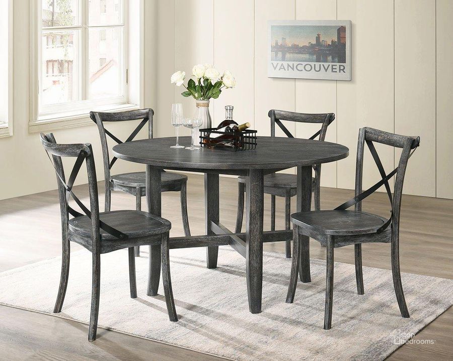 The appearance of Kendric Dining Room Set (Rustic Gray) designed by ACME in the country / farmhouse interior design. This rustic gray piece of furniture  was selected by 1StopBedrooms from Kendric Collection to add a touch of cosiness and style into your home. Sku: 71895;71897. Table Base Style: Trestle. Table Top Shape: Round. Material: Wood. Product Type: Dining Room Set. Size: 47". Image1