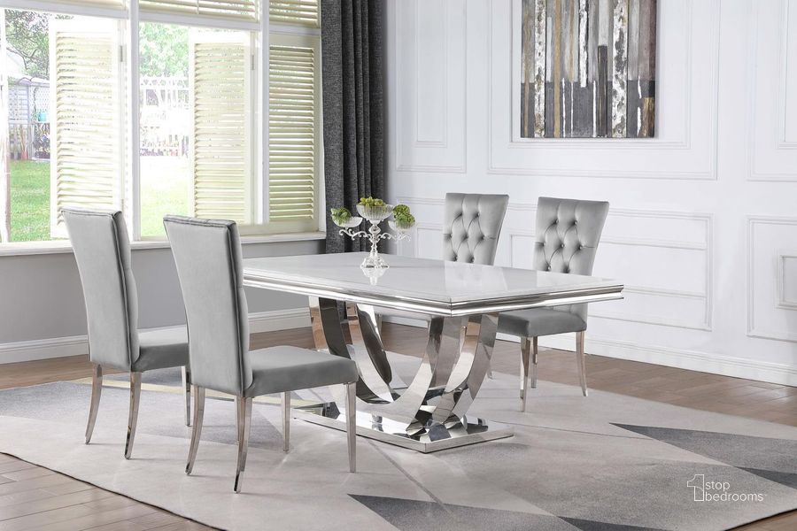 The appearance of Kerwin Dining Room Set With Grey Chairs designed by Coaster in the modern / contemporary interior design. This white and chrome piece of furniture  was selected by 1StopBedrooms from Kerwin Collection to add a touch of cosiness and style into your home. Sku: 111101B1;111101B2;111101B3;111103. Table Base Style: Pedestal. Product Type: Dining Room Set. Table Top Shape: Rectangular. Material: Stainless Steel. Size: 42". Image1