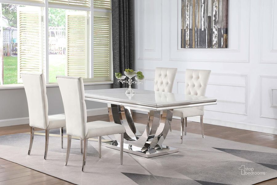 The appearance of Kerwin Dining Room Set With White Chairs designed by Coaster in the modern / contemporary interior design. This white and chrome piece of furniture  was selected by 1StopBedrooms from Kerwin Collection to add a touch of cosiness and style into your home. Sku: 111101B1;111101B2;111101B3;111102. Table Base Style: Pedestal. Product Type: Dining Room Set. Table Top Shape: Rectangular. Material: Stainless Steel. Image1