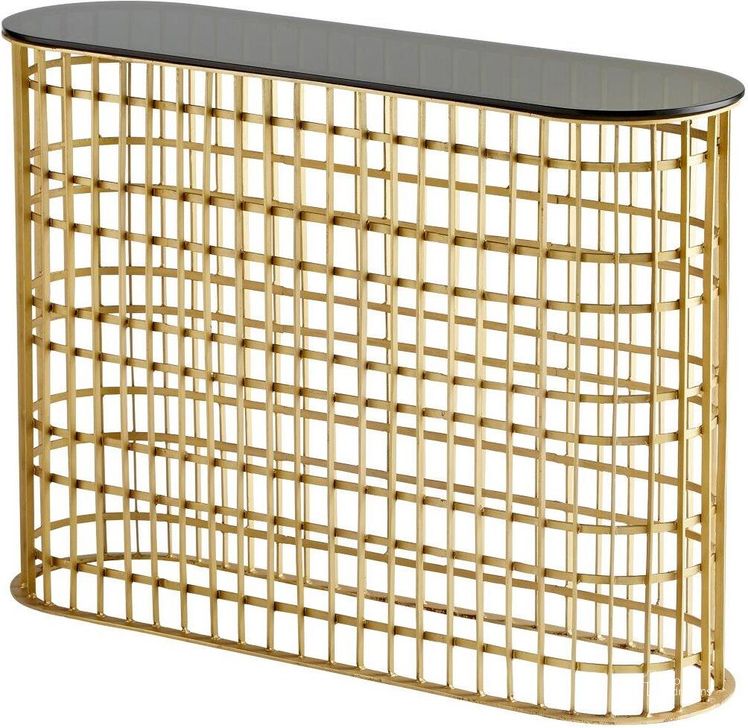 The appearance of Kingdom Antique Brass Console Table designed by Cyan Design in the modern / contemporary interior design. This gold piece of furniture  was selected by 1StopBedrooms from Kingdom Collection to add a touch of cosiness and style into your home. Sku: 10779. Product Type: Console Table. Material: Iron.