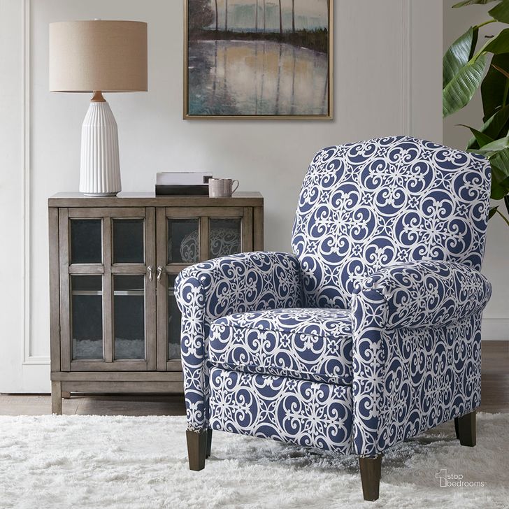 The appearance of Kirby Push Back Recliner In Navy Multi designed by Olliix in the transitional interior design. This navy multi piece of furniture  was selected by 1StopBedrooms from Kirby Collection to add a touch of cosiness and style into your home. Sku: MP103-1051. Material: Wood. Product Type: Recliner. Image1