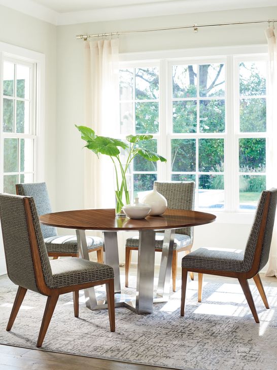The appearance of Kitano Rich Brown Hazelnut Mandara Round Dining Room Set designed by Lexington in the transitional interior design. This brown piece of furniture  was selected by 1StopBedrooms from Kitano Collection to add a touch of cosiness and style into your home. Sku: 01-0734-875c;01-0734-881-01. Table Base Style: Trestle. Table Top Shape: Round. Material: Wood. Product Type: Dining Room Set. Image1