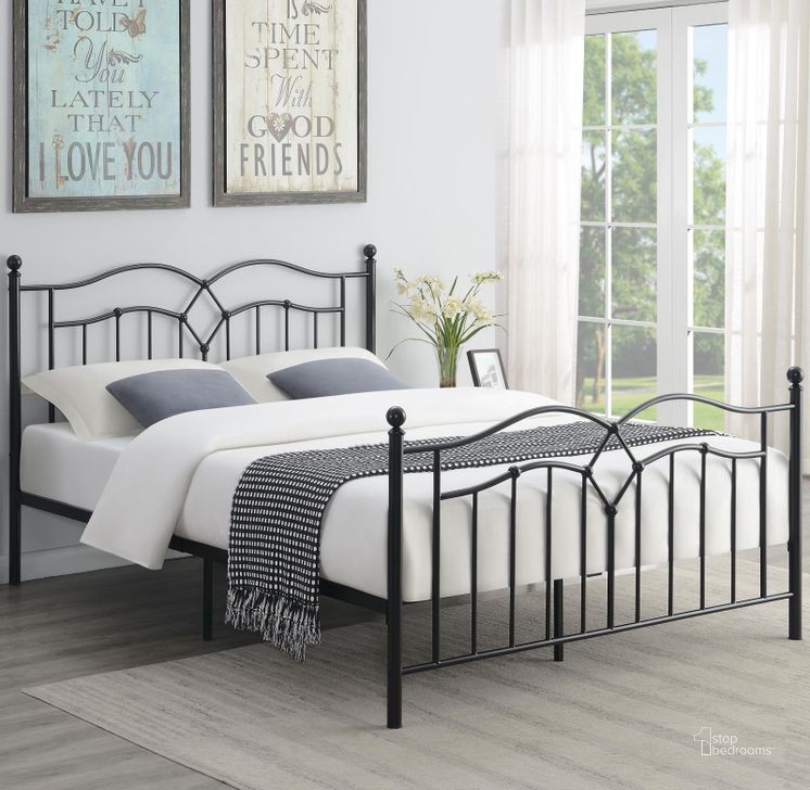 The appearance of Klossen Black Queen Metal Bed designed by Coaster in the transitional interior design. This black piece of furniture  was selected by 1StopBedrooms from Klossen Collection to add a touch of cosiness and style into your home. Sku: 422763Q. Material: Metal. Bed Size: Queen. Product Type: Slat / Spindle Bed. Bed Type: Slat / Spindle Bed. Image1