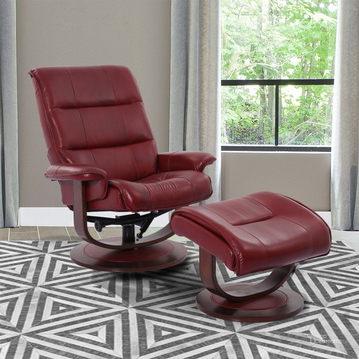 The appearance of Knight Rouge Swivel Recliner with Ottoman designed by Parker House in the modern / contemporary interior design. This red piece of furniture  was selected by 1StopBedrooms from Knight Collection to add a touch of cosiness and style into your home. Sku: MKNI#212S-ROU. Material: Leather. Product Type: Recliners and Rocker. Image1